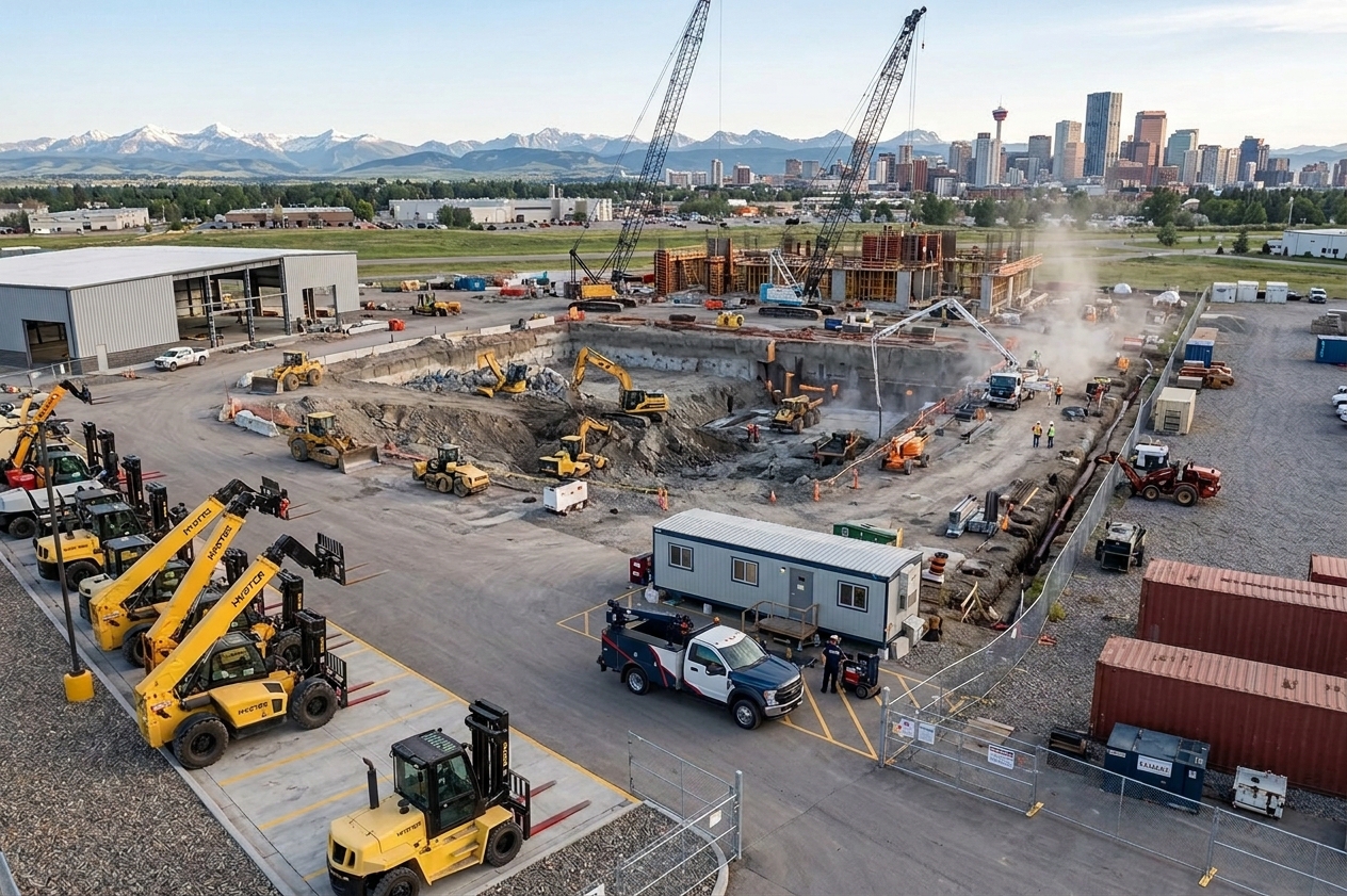 Forklifts and telehandlers staged at a Calgary construction jobsite