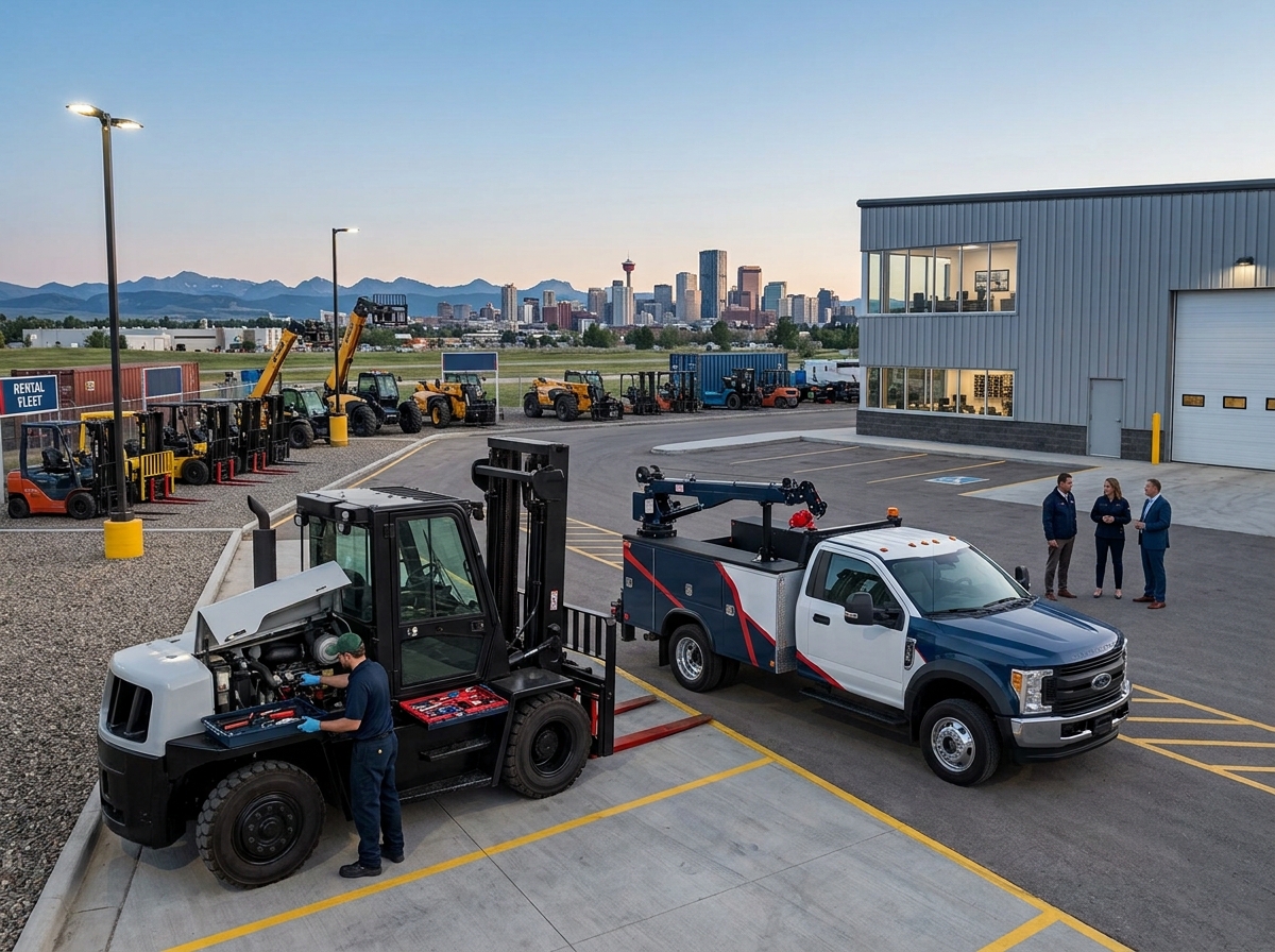 Fleet of forklifts and a service truck staged in a yard, with the Calgary skyline in the background